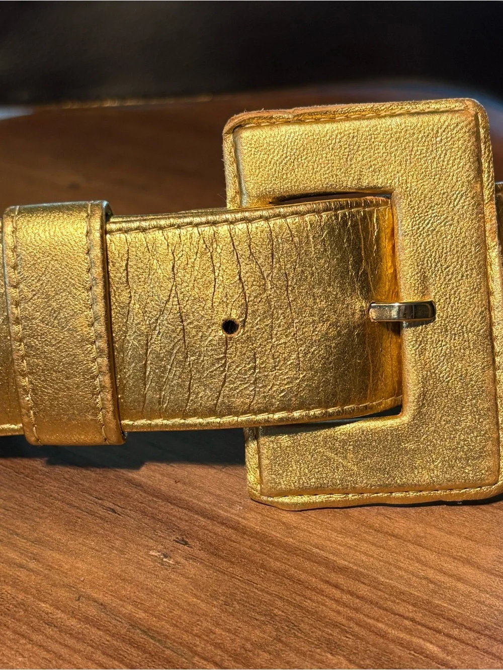 Vintage Charles Jourdan Metallic Gold Faux Leather Belt with Square Buckle 28